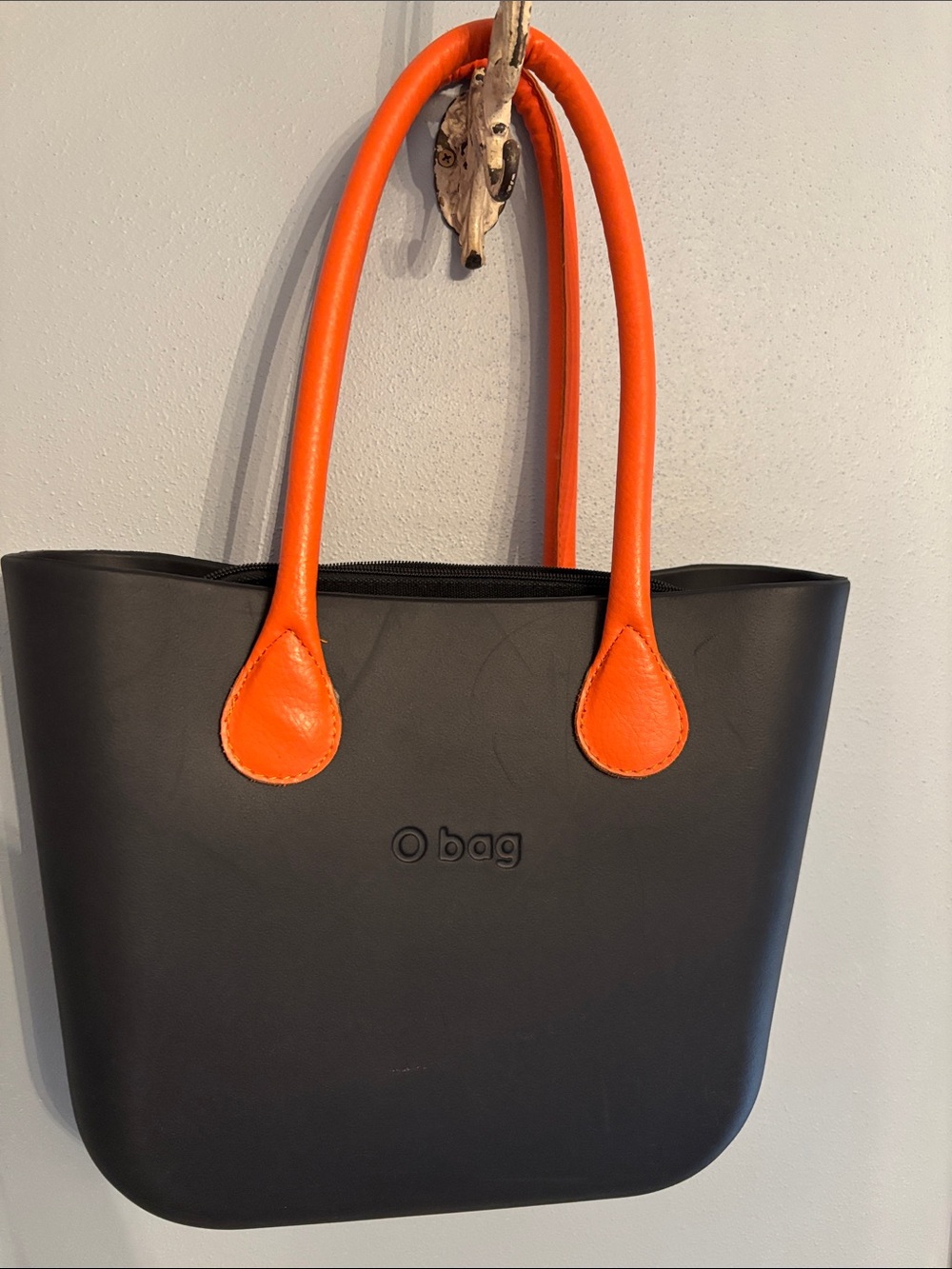 Women's O bag Black Tote with Orange leather Handles, inside tote zipper pouch